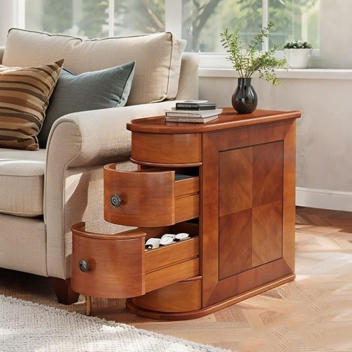 Vintage narrow side table with both drawers pulled open beside a cream sofa