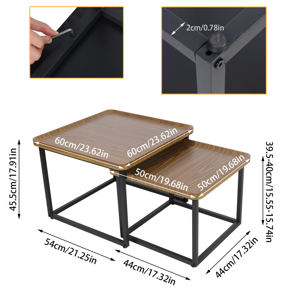 Walnut square coffee table set dimensions: large 60 x 60 x 45.5cm, small 50 x 50 x 40cm, 2cm frame tubing