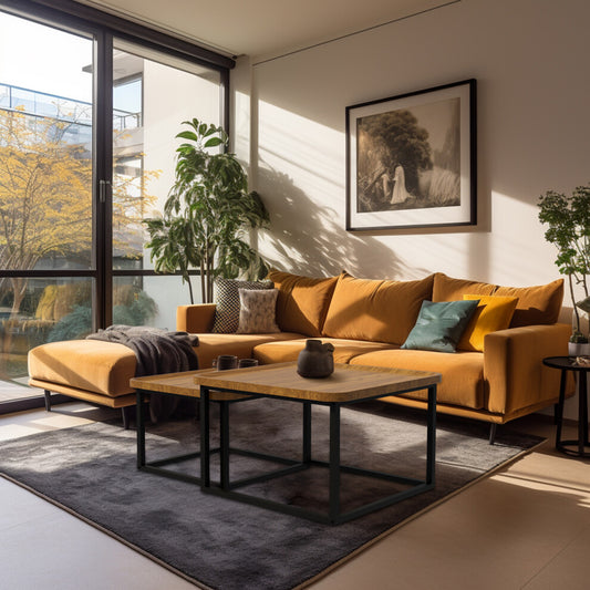 Walnut-effect square coffee table set of 2 with black cube frames in front of a mustard velvet corner sofa