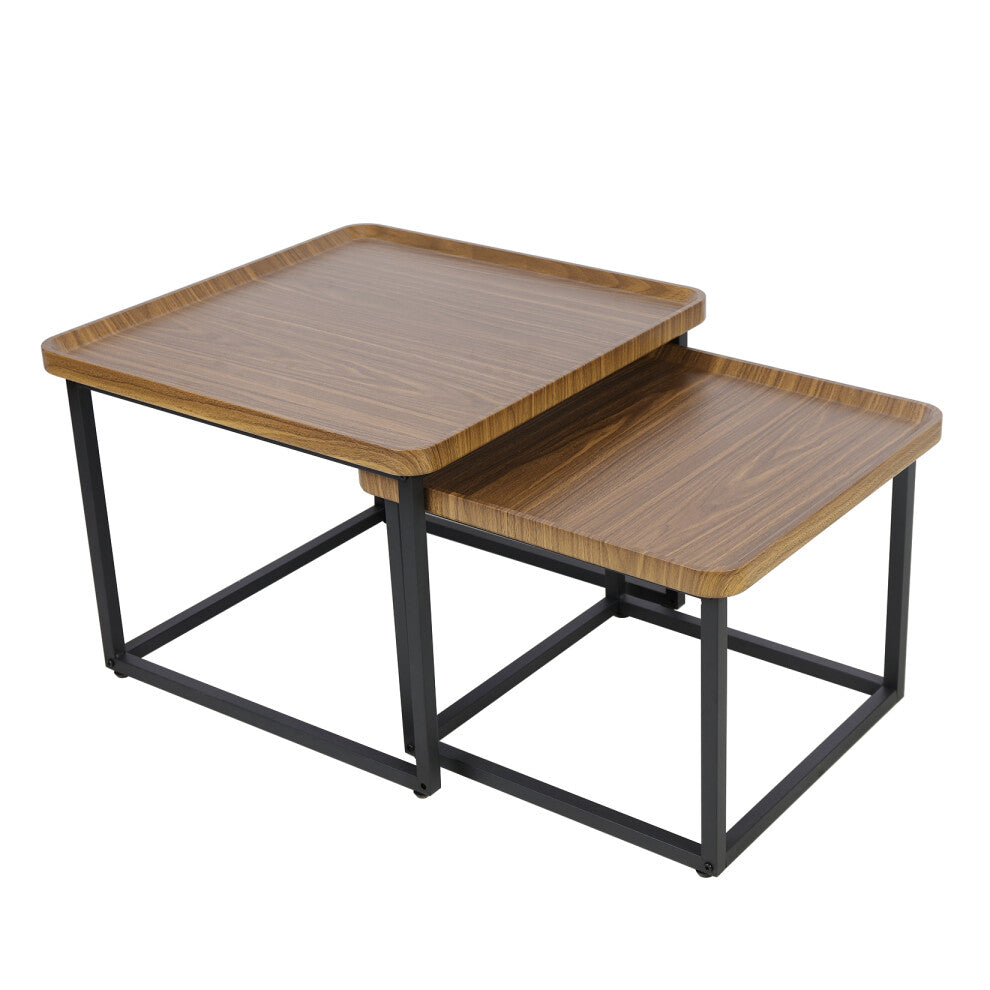 Walnut-effect square coffee table set with raised tray rims and black metal frames on a white background