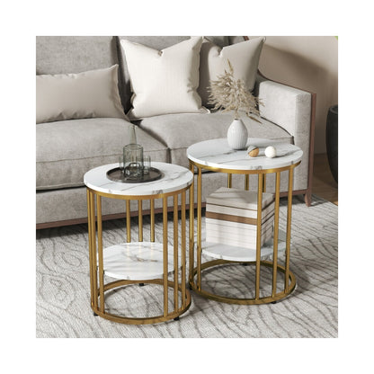 White and gold round side tables set of 2 with marble-effect tops beside a grey sofa
