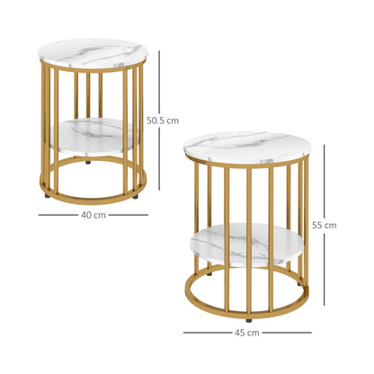 White and gold side tables dimensions: 45cm x 55cm and 40cm x 50.5cm