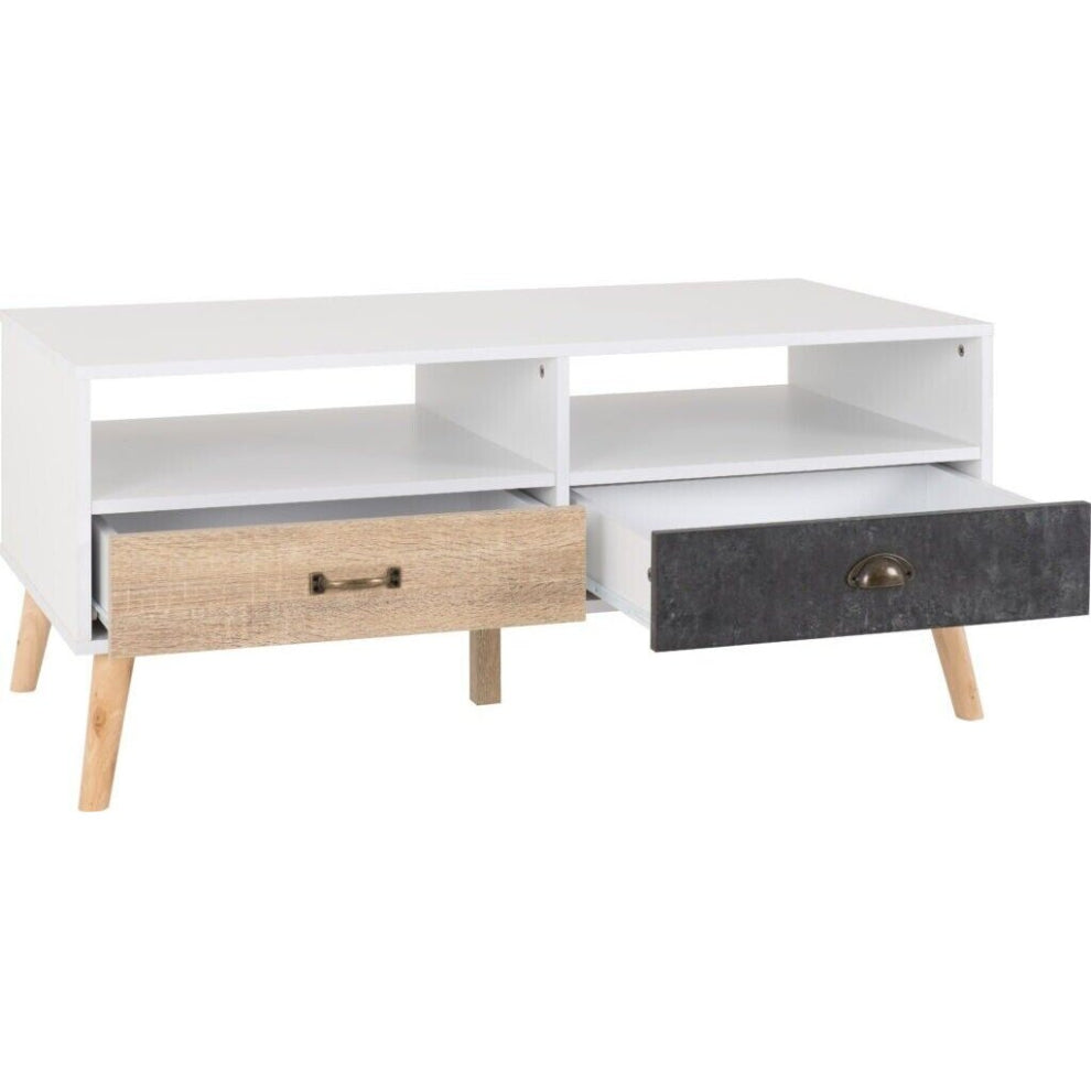 White and wood coffee table with both drawers open beneath two open storage shelves