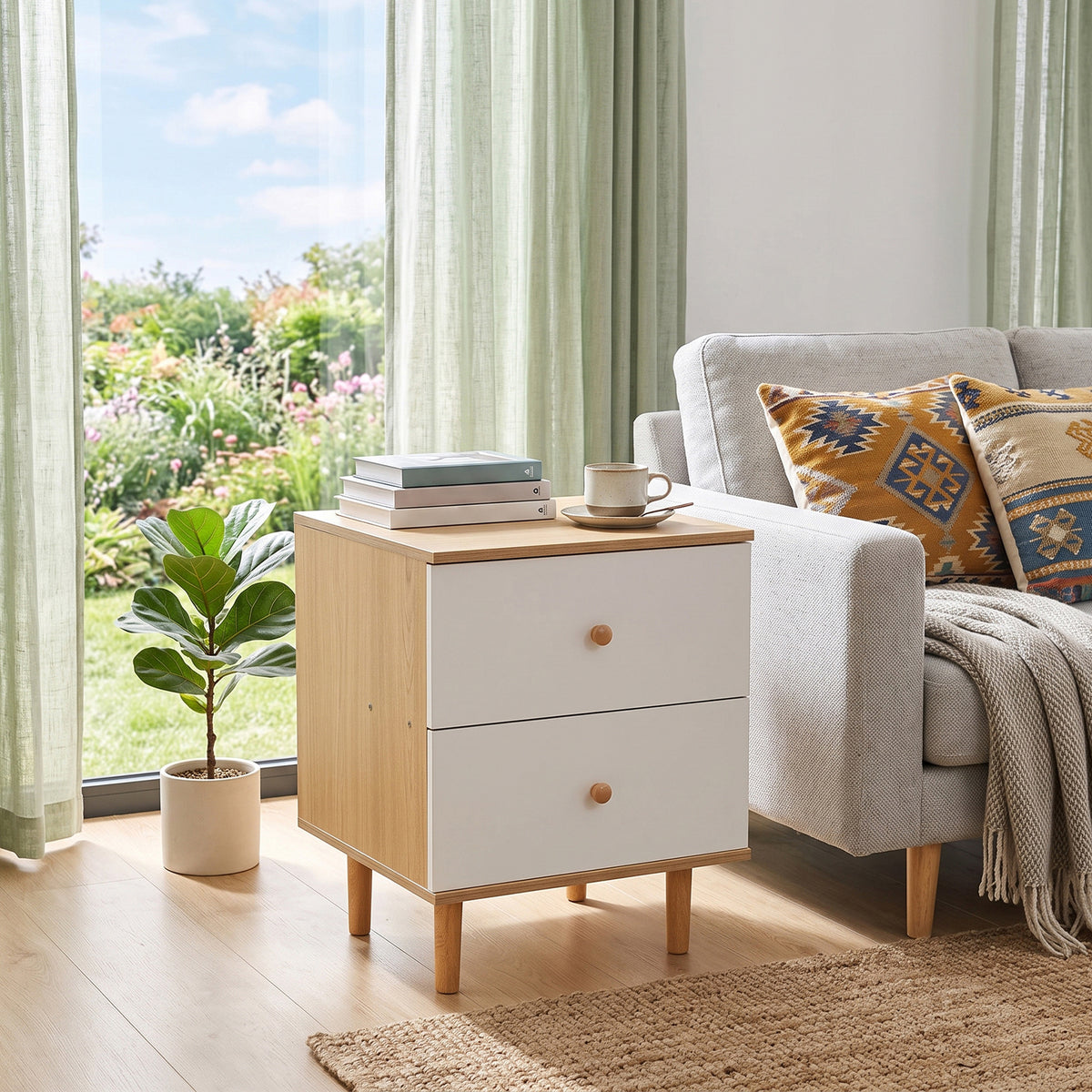 White and natural wood bedside cabinet beside a sofa