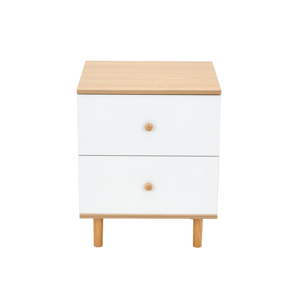 White bedside table with wooden legs on a plain background