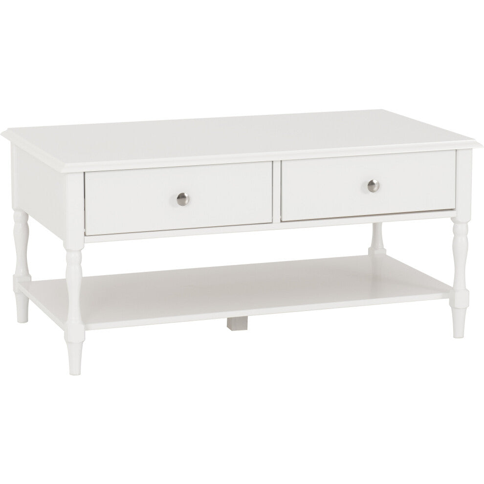 White coffee table with two drawers, silver knobs, turned legs and open shelf