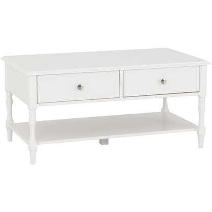 White coffee table with two drawers, silver knobs, turned legs and open shelf