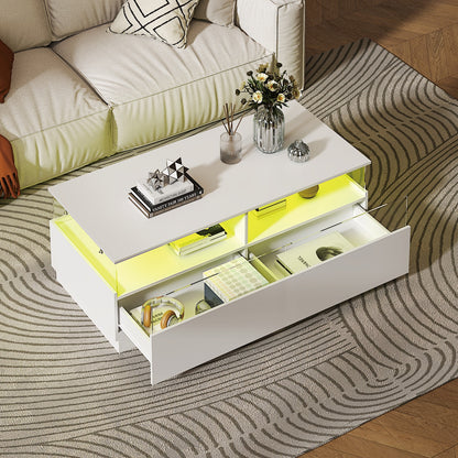 White high gloss coffee table with open drawer and yellow LED lights in the compartments