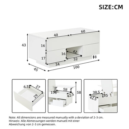 Dimensions of white coffee table with drawers 100 x 45 x 43cm with compartment and drawer sizes