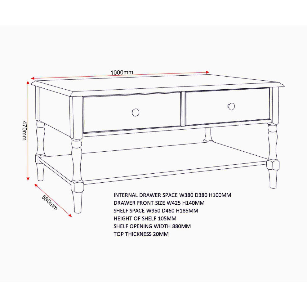 Line drawing with dimensions of white coffee table with drawers 100 x 58 x 47cm and drawer sizes