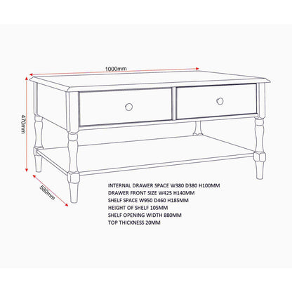 Line drawing with dimensions of white coffee table with drawers 100 x 58 x 47cm and drawer sizes