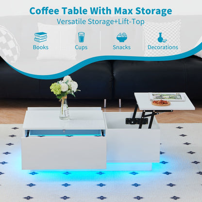 White coffee table with storage showing pull-out drawer and raised lift top