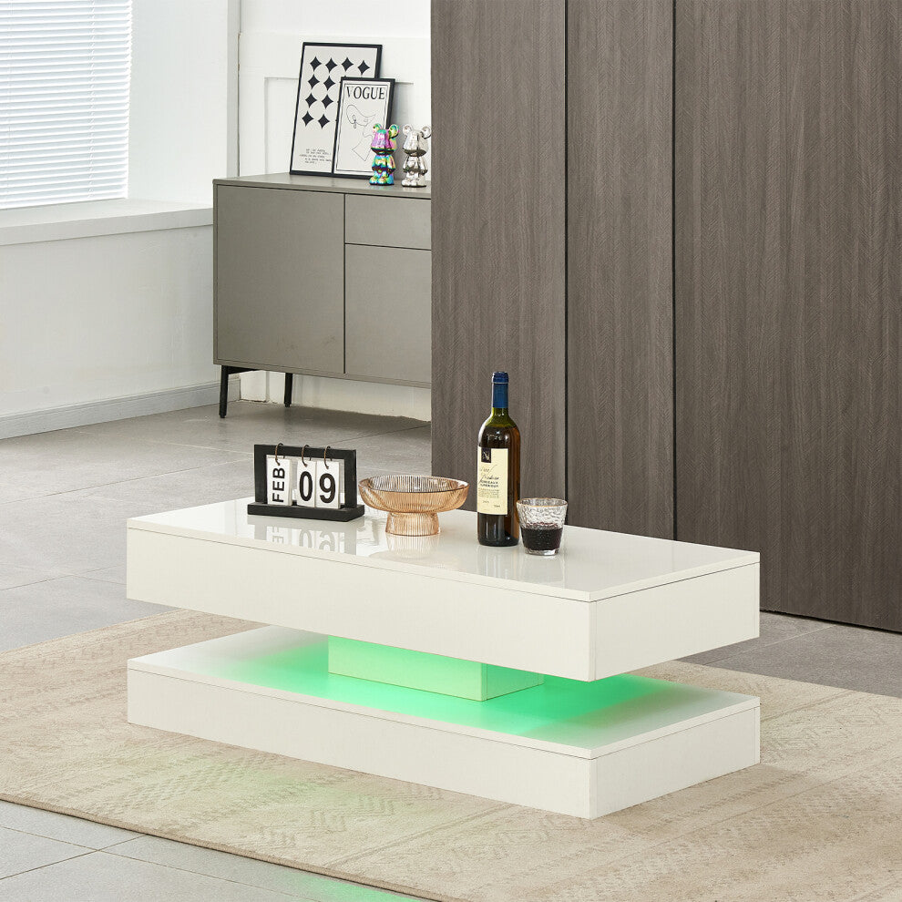 White high gloss floating coffee table with storage and green LED glow between the two layers