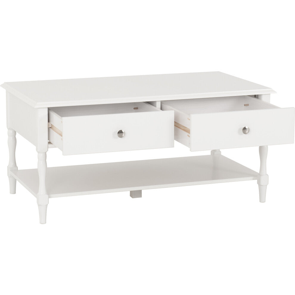 White drawer coffee table with both drawers pulled open