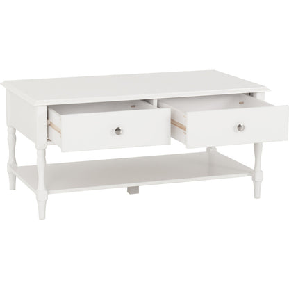 White drawer coffee table with both drawers pulled open
