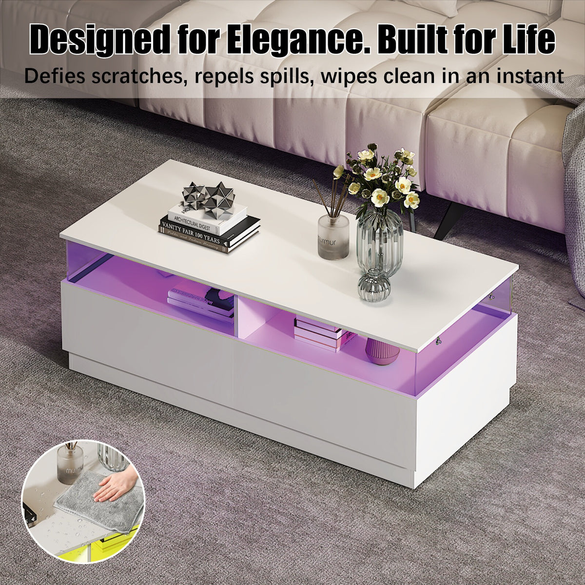 White floating-top rectangular coffee table with clear side panels and purple LED glow