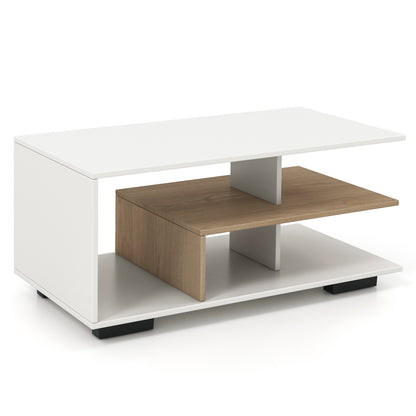 White geometric coffee table with oak-tone L-shaped middle shelf on a white background