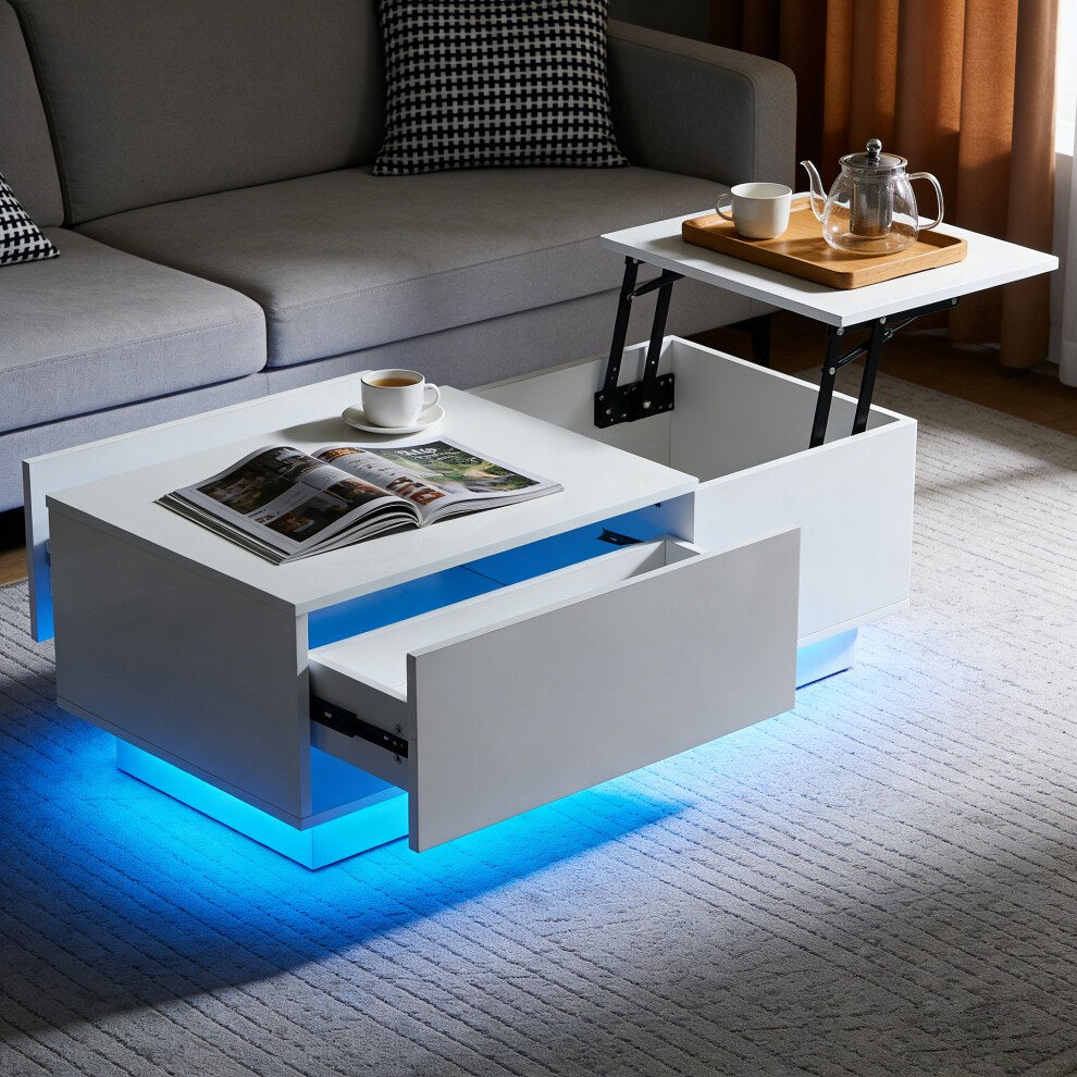 White gloss lift top coffee table with drawer open and tea tray on the raised top