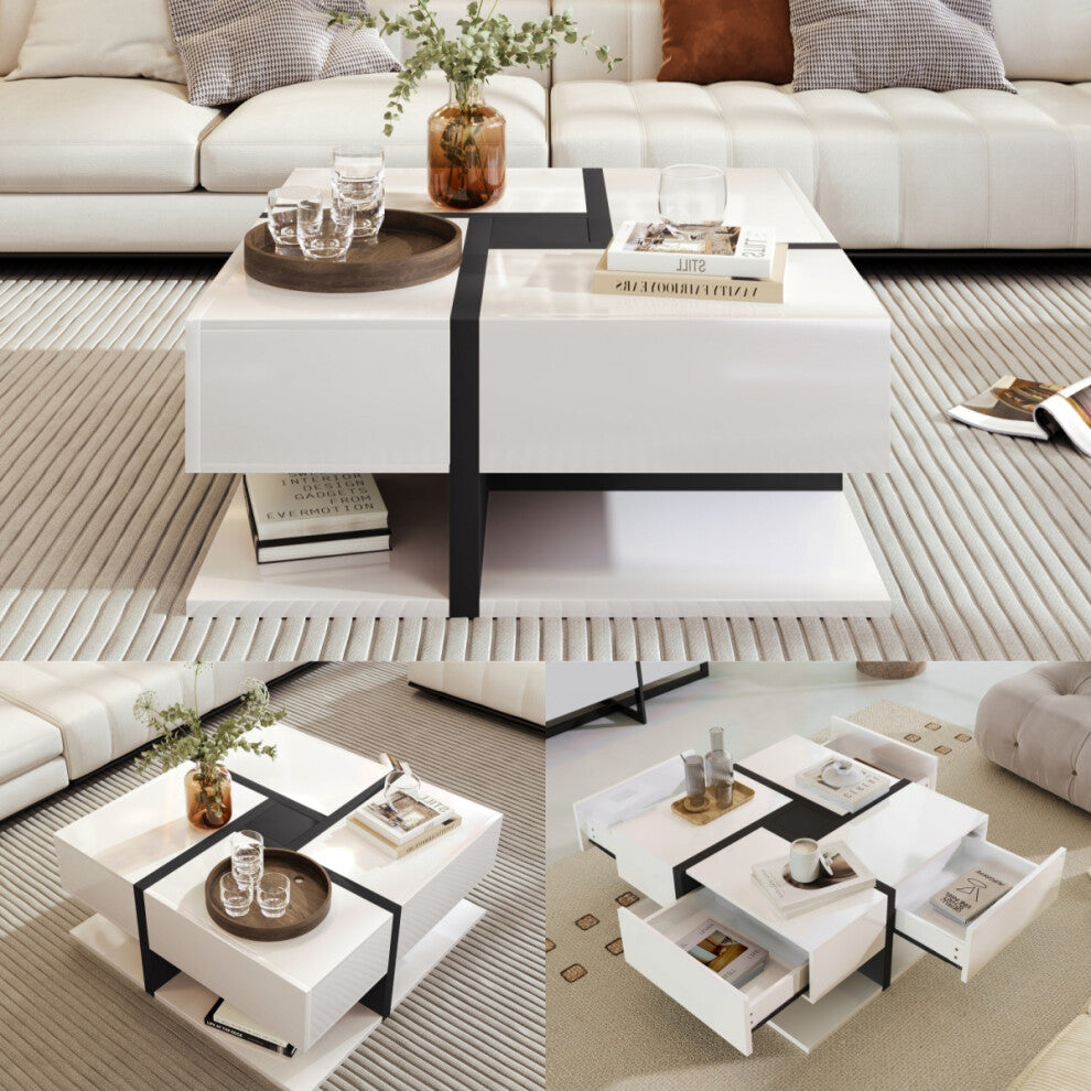 White gloss pinwheel coffee table shown from the front, closed and with drawers open