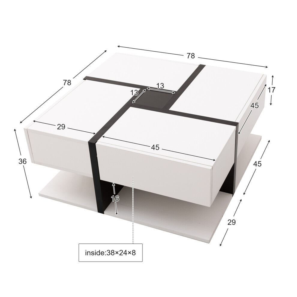 White gloss square coffee table dimensions: 78 x 78 x 36cm, drawer blocks 45 x 29 x 17cm, drawer inside 38 x 24 x 8cm
