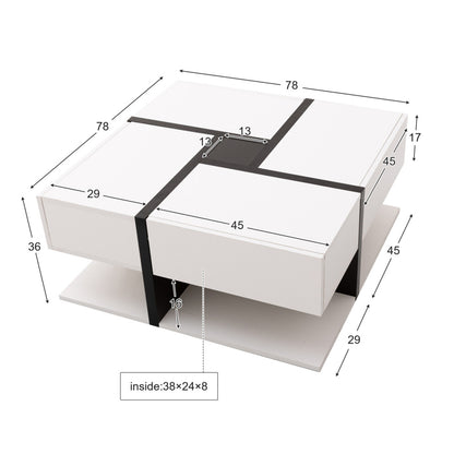White gloss square coffee table dimensions: 78 x 78 x 36cm, drawer blocks 45 x 29 x 17cm, drawer inside 38 x 24 x 8cm