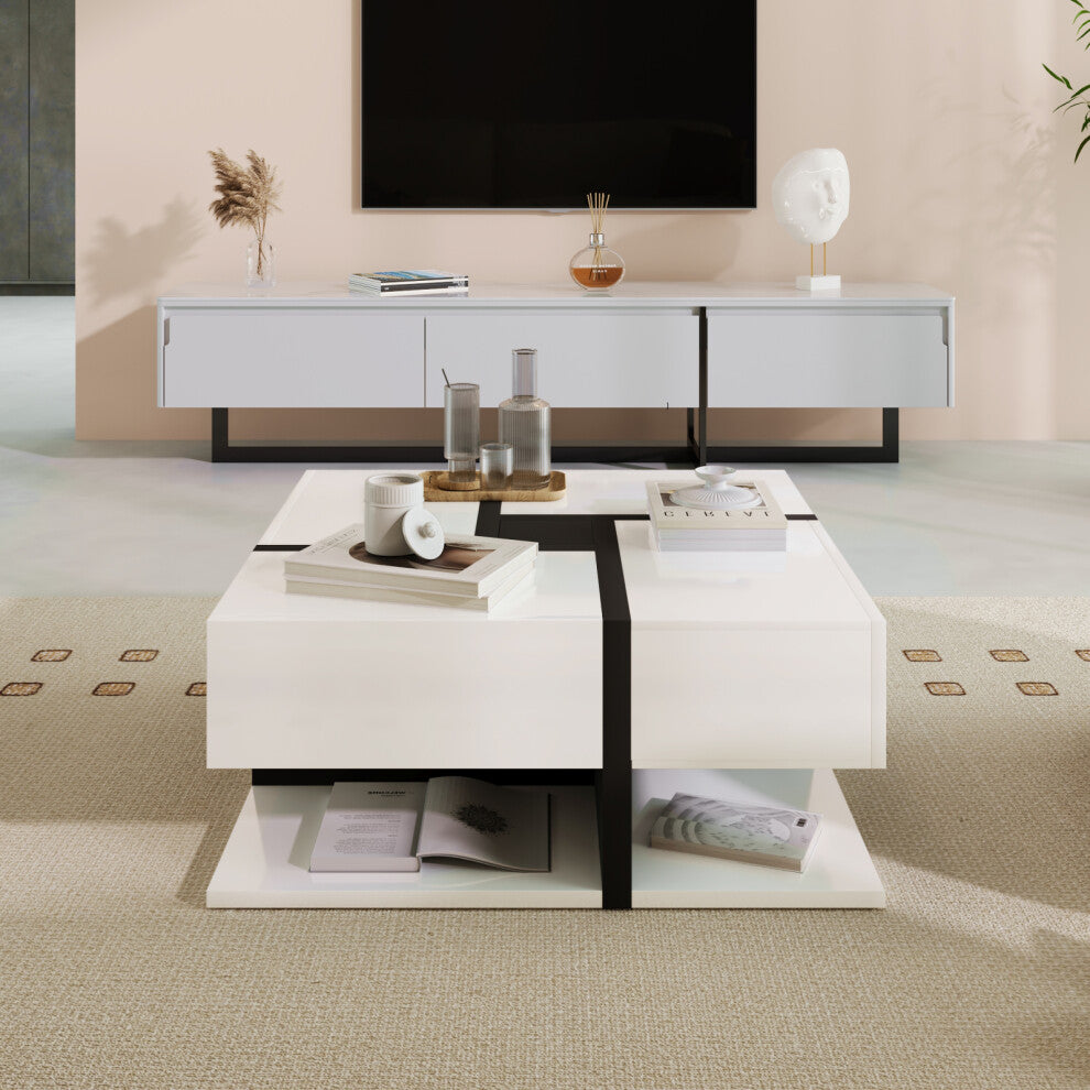 White gloss square coffee table with open lower shelf in front of a white TV unit