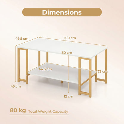 Dimensions diagram of white and gold coffee table 100cm long, 49.5cm wide, 45cm high, 80kg capacity