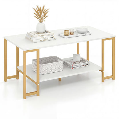 White and gold rectangular coffee table with open shelf on a plain white background