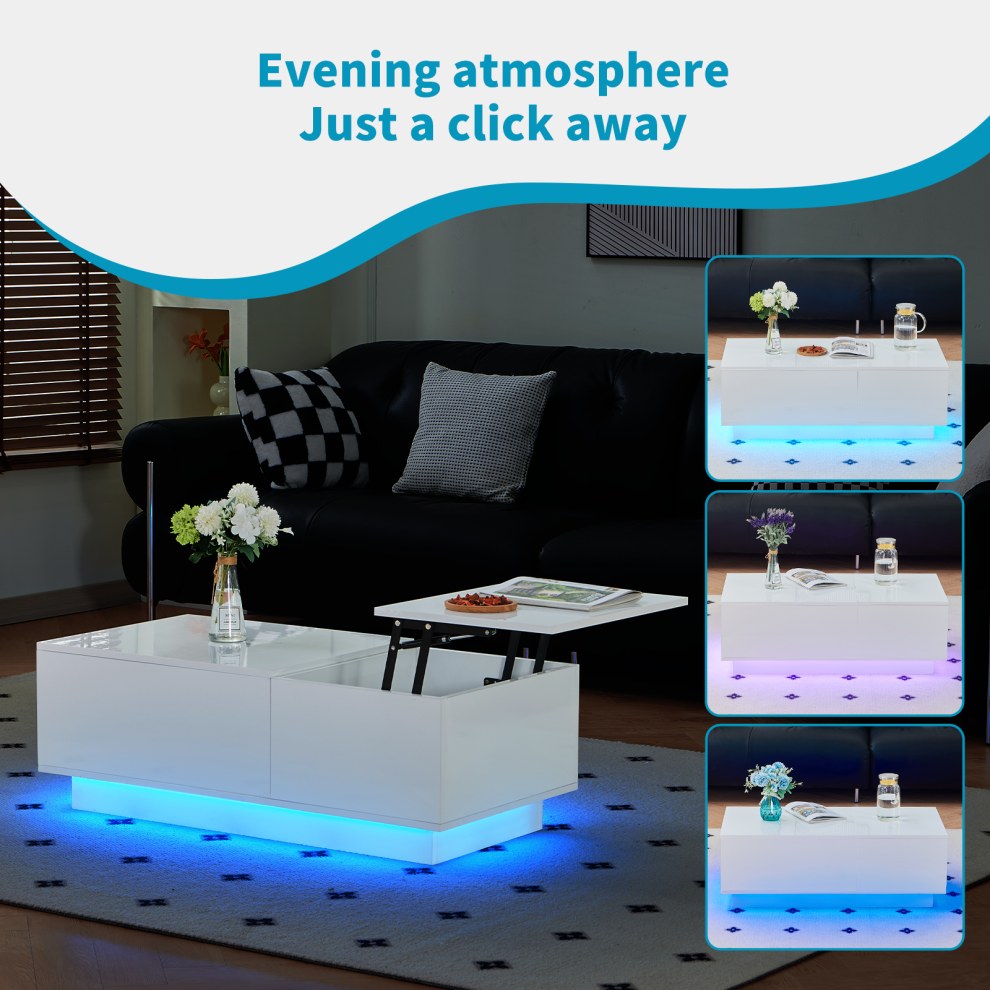 White lift top coffee table with blue LED lighting in front of a black leather sofa