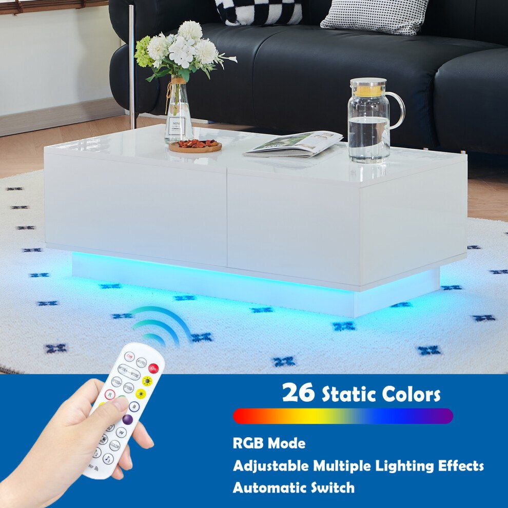White LED coffee table with remote control offering 26 static colours