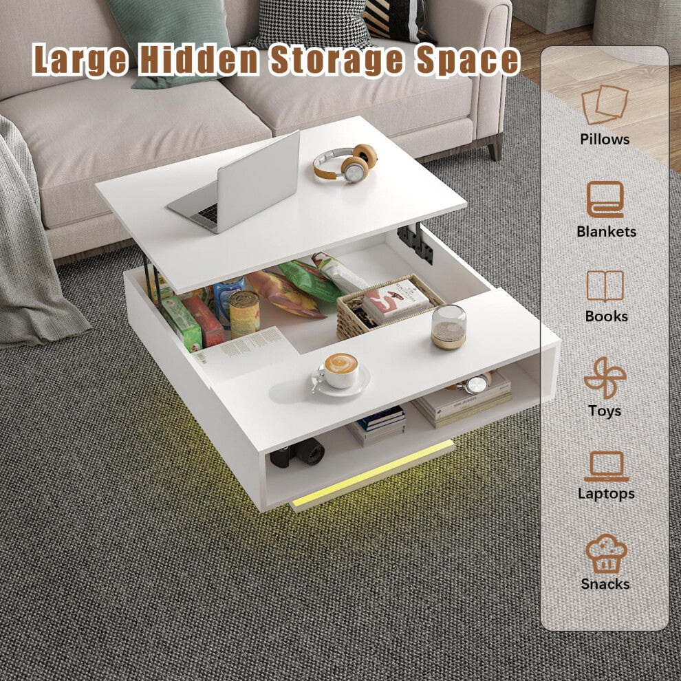White lift-top coffee table opened to show large hidden storage space for pillows, blankets, books, toys and snacks