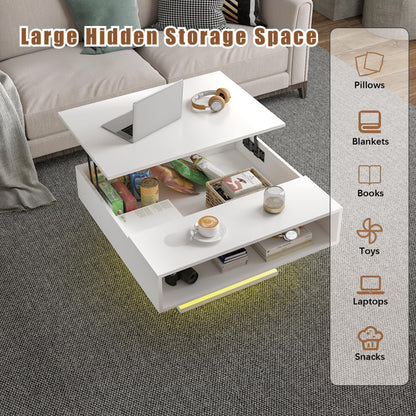 White lift-top coffee table opened to show large hidden storage space for pillows, blankets, books, toys and snacks