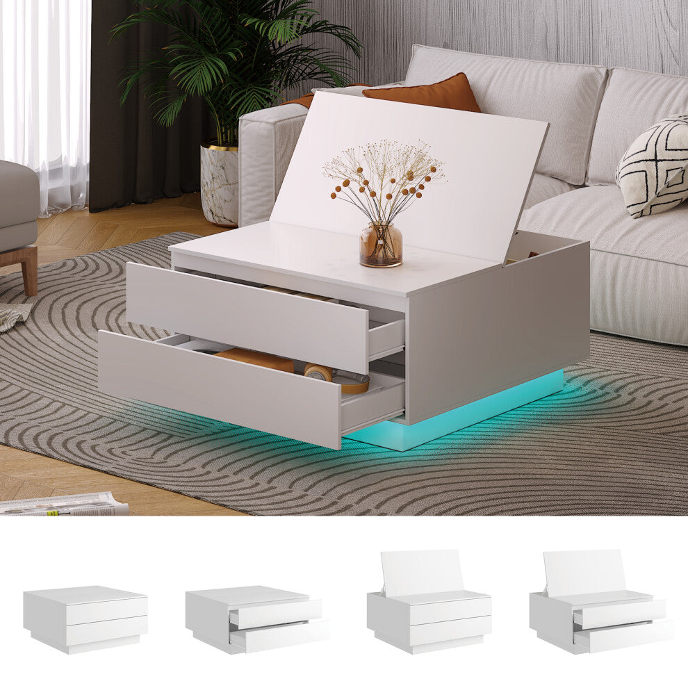 White lift-top square coffee table with drawers open and aqua LED plinth, with four opening positions shown