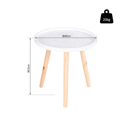 White mandala side table dimensions: 40cm diameter, 40.5cm height, 20kg maximum load