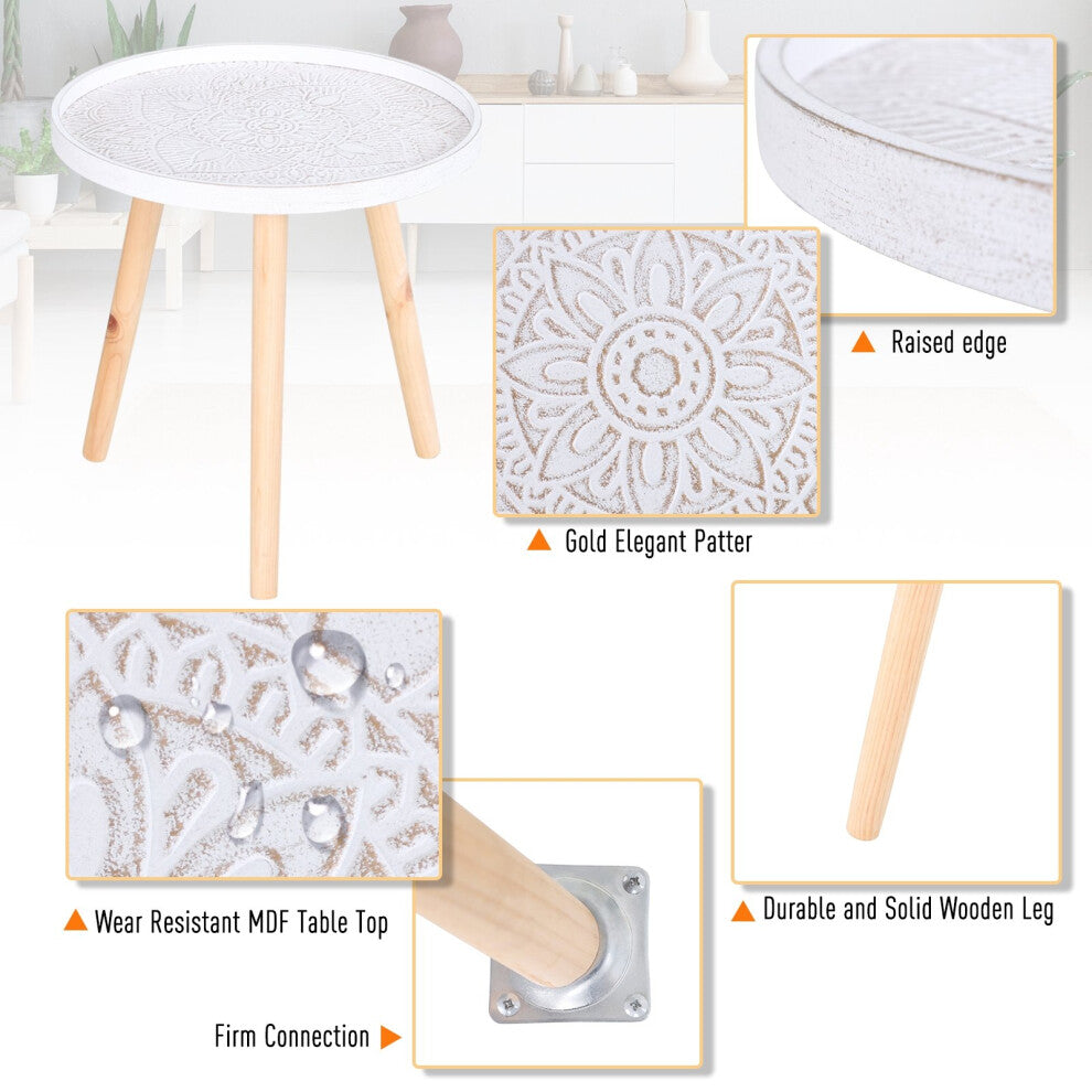 Mandala side table features: raised edge, gold-tinted carved pattern, water-resistant MDF top, solid wooden legs and metal fixing plates