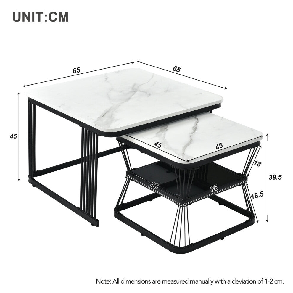 Dimensions of white marble coffee table set: 65 x 65 x 45cm and 45 x 45 x 39.5cm