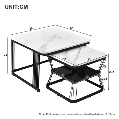 Dimensions of white marble coffee table set: 65 x 65 x 45cm and 45 x 45 x 39.5cm