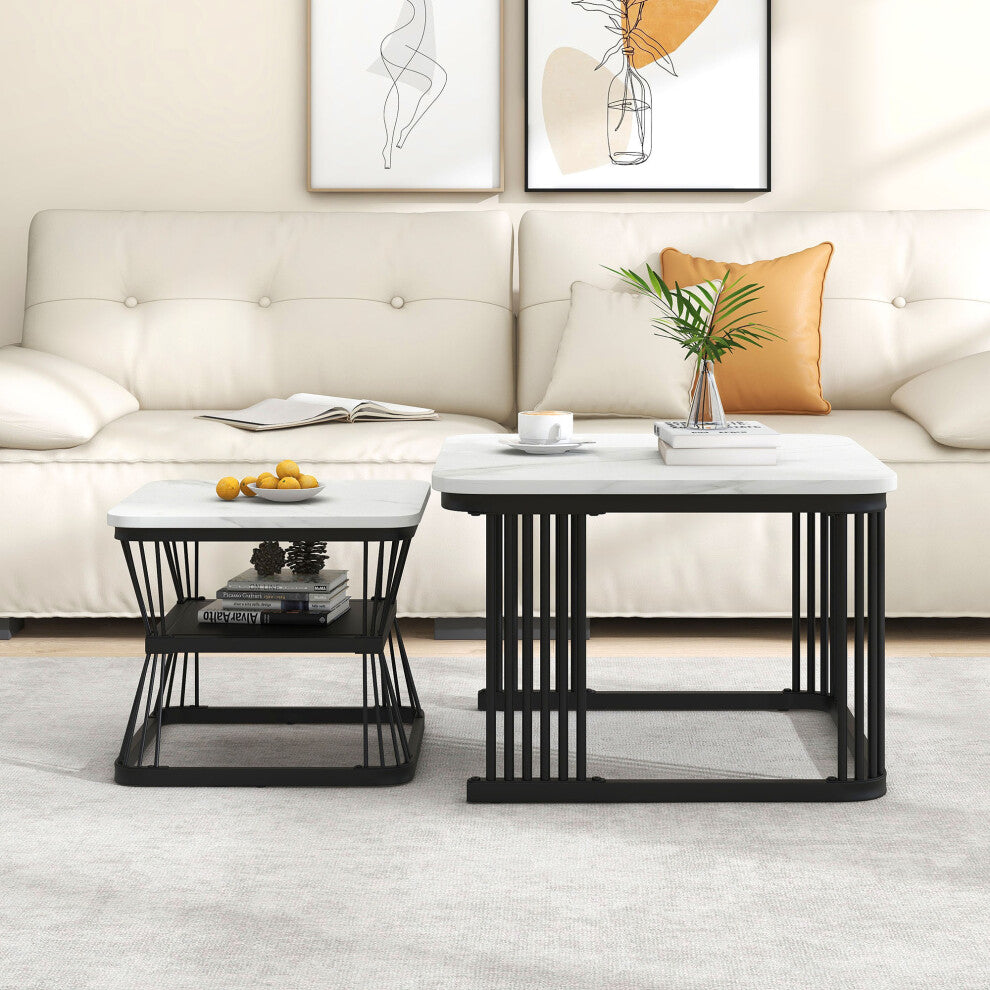 White marble effect coffee table set of 2 with black rod frames in front of a cream sofa
