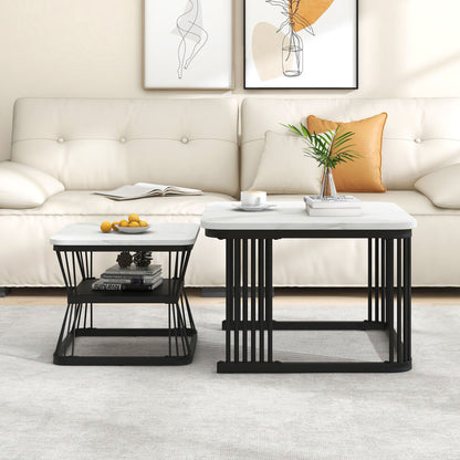 White marble effect coffee table set of 2 with black rod frames in front of a cream sofa