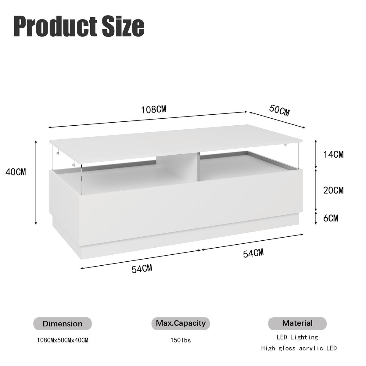 Dimensions diagram of white rectangular LED coffee table 108cm long, 50cm deep, 40cm high