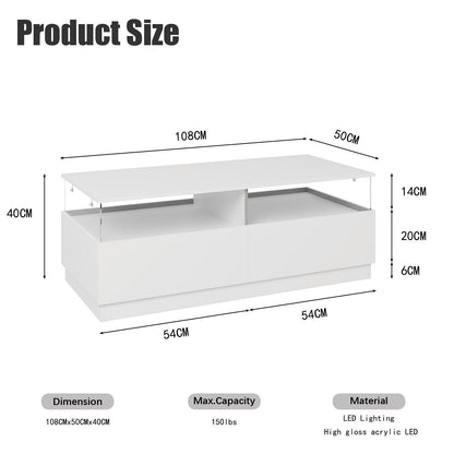 Dimensions diagram of white rectangular LED coffee table 108cm long, 50cm deep, 40cm high
