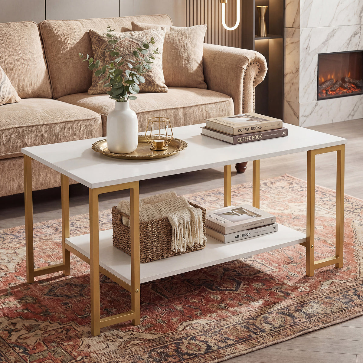 Rectangular white coffee table with gold frame and woven basket on lower shelf on a red patterned rug