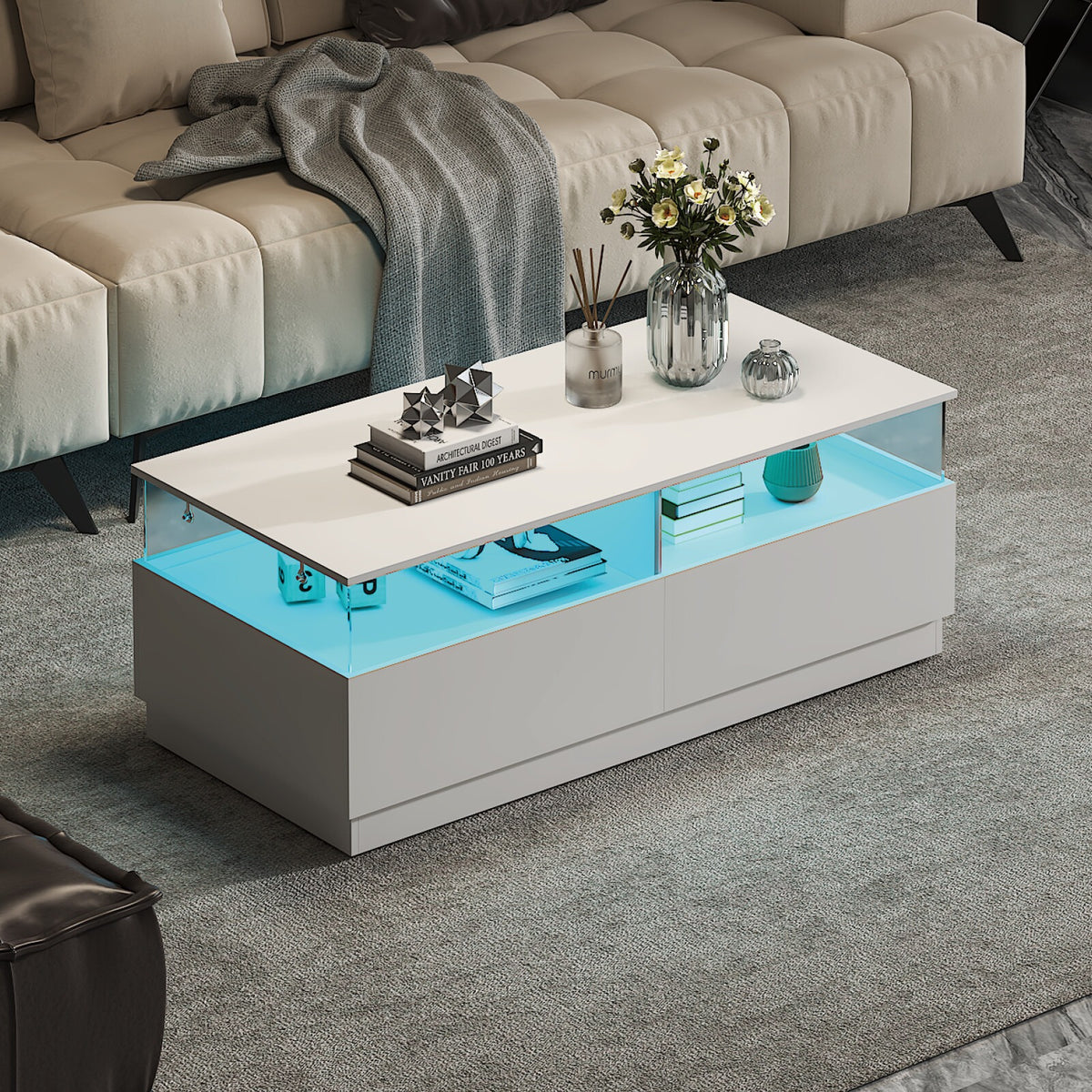 White rectangular coffee table with storage and blue LED lighting in a modern living room