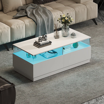 White rectangular coffee table with storage and blue LED lighting in a modern living room