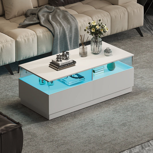 White rectangular coffee table with storage and blue LED lighting in a modern living room
