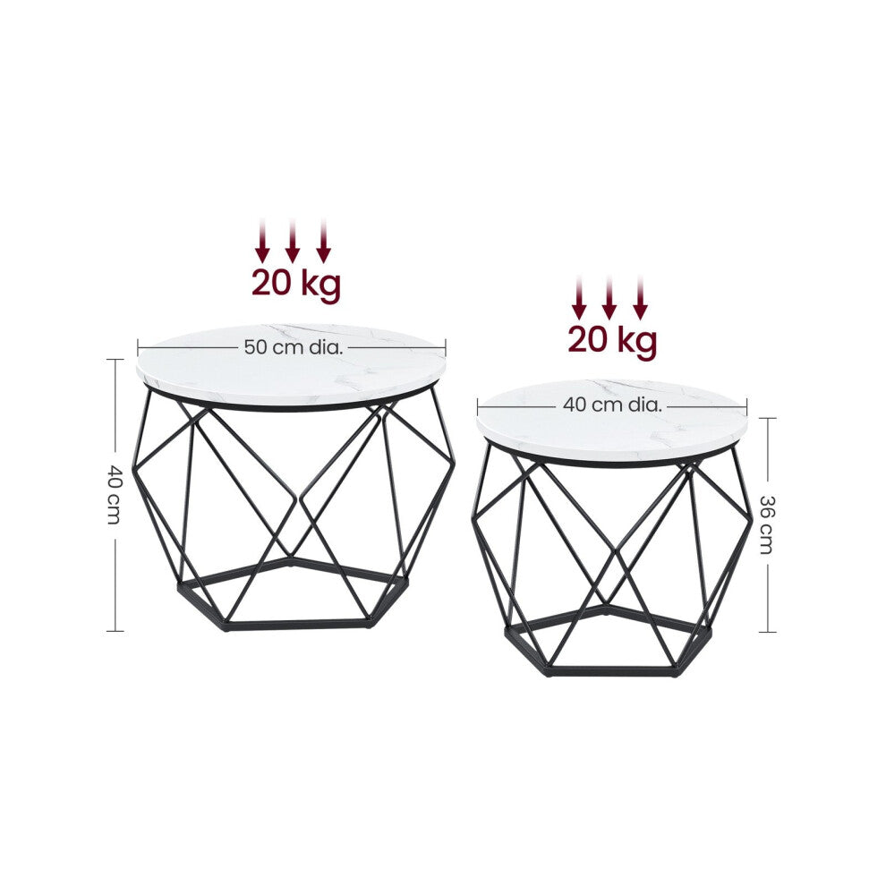 White round coffee table set dimensions: 50cm x 40cm and 40cm x 36cm, 20kg capacity each