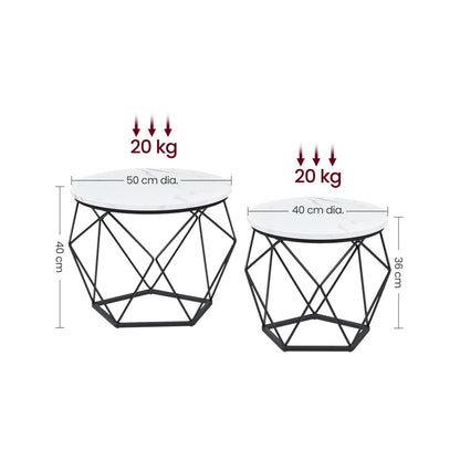 White round coffee table set dimensions: 50cm x 40cm and 40cm x 36cm, 20kg capacity each