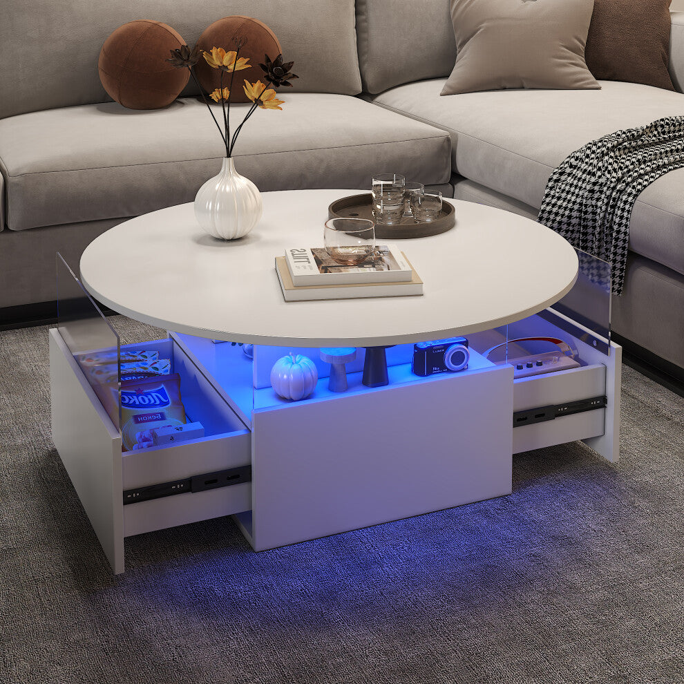 White round coffee table with storage drawers open and blue LED lights glowing