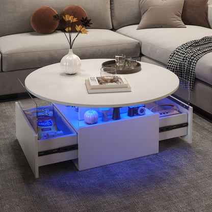 White round coffee table with storage drawers open and blue LED lights glowing