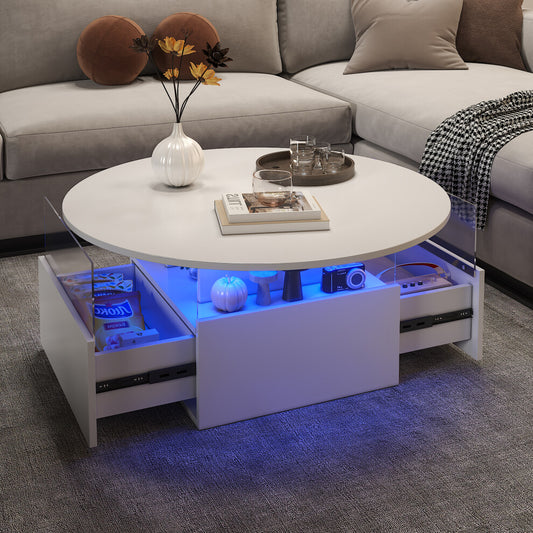 White round coffee table with storage drawers open and blue LED lights glowing